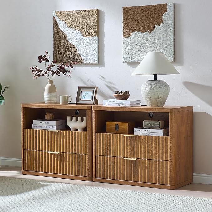 LEYAOYAO 31" Wide Fluted Nightstand with Charging Station, Oversized Extra Large 2 Drawers Night Stand,Brown Wood Bedside Table,Tall Bed Side End Tables,Modern Chest of Drawers Dressers for Bedroom