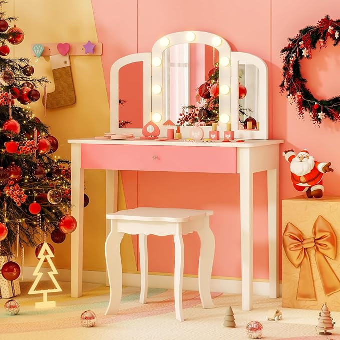 Costzon Kids Vanity, Girls Vanity Set with Mirror and Stool and Lights, Storage Drawer, Princess Toddler Makeup Vanity Desk Dressing Table, Wooden Kids Vanity Table and Chair Set (White)