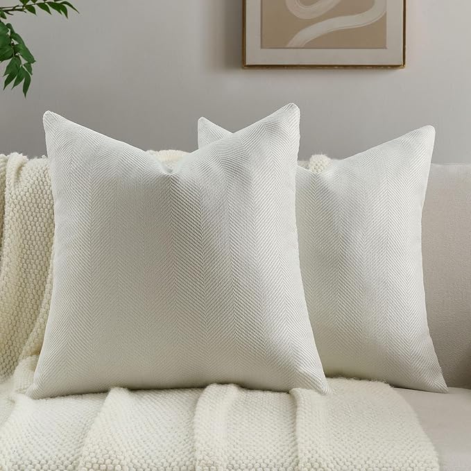 FUTEI Cream White Chenille Throw Pillow Covers 26x26 Inch Set of 2,Soft Wide Chevron Textured Euro Pillow Shams,Farmhouse Home Decor for Couch Bed Living Room