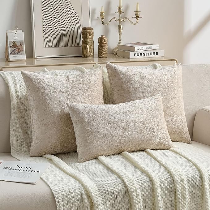 FUTEI Beige Flannel Throw Pillow Covers 24x24 Inch Set of 2,Soft Dimensional Textured European Cushion Cases,Modern Home Decor for Couch Living Room