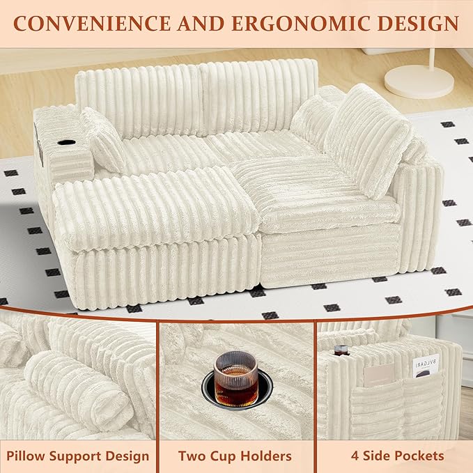 114" Cloud Boneless Sectional Couches for Living Room, Modular Sectional Sofa with Cup Holder, Cozy Fluffy L Shaped Deep Seat Boneless Couch with Storage Pocket, No Assembly Required, Beige