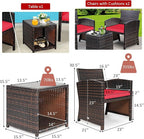 COSTWAY 3 Pieces Patio Furniture Sets, Outdoor Rattan Conversation Set with Tempered Glass Tabletop and Soft Cushion, Wicker Cushioned Chair Sofa for Backyard, Porch, Poolside, Lawn, Red