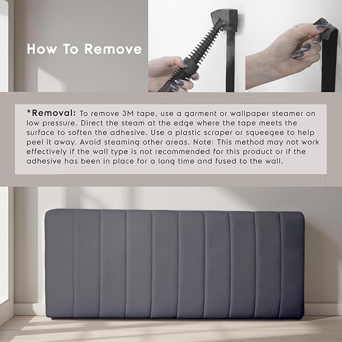 Nestl Upholstered Queen Headboard - Easy Assemble Channel Stitched Headboard Queen Size - Wall Mounted Headboards with 3D Soundproof Wall Panels Peel & Stick Floating Headboards, Grey