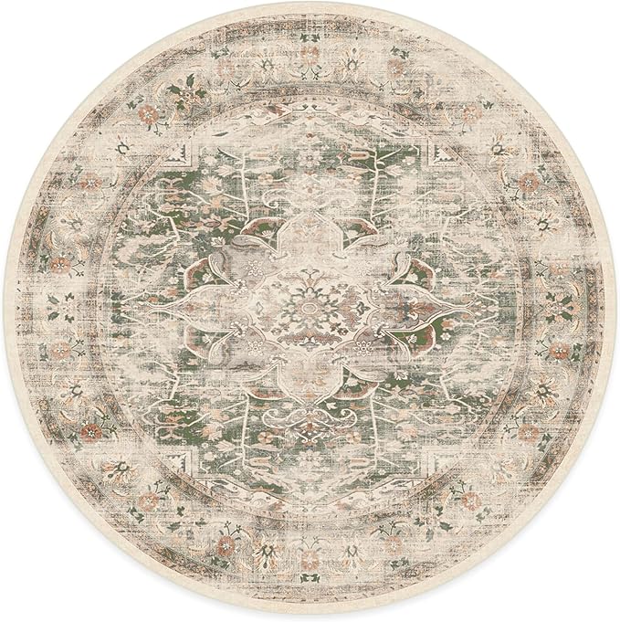 RUGGABLE Washable Vintage Area Rug – Sarrah Sage 6 ft Round, Stain-Resistant, Non-Slip – Medium Machine Washable Rugs for Living Room, Bedroom, Hallway, Entryway & Office–with Cushioned Pad