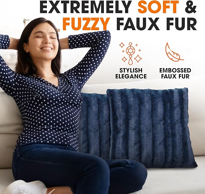 Cheer Collection Faux Fur Throw Pillows - Decorative Pillows for Couch, Bed Throw Pillows, Blue Accent Pillows for Bedroom or Living Room Aesthetic, Set of 2 Furry Throw Pillows, 16" x 16"