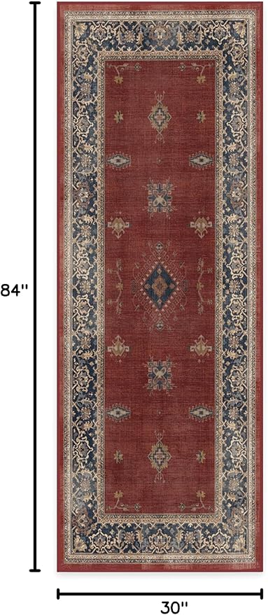 RUGGABLE Washable Vintage Runner Rug – Verena Amber Red 2.5x7, Stain-Resistant, Non-Slip Hallway Runner – Machine Washable Rug for Hallway, Entryway, Living Room & Kitchen–with Standard Pad