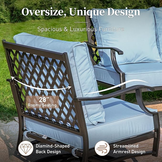 4 Piece Metal Outdoor Patio Furniture Set, Patio Conversation Sets 1 3-seater Sofa, 2 Swivel Chair with 5.75" Extra Thick Cushion and Coffee Table, Black Frame Backyard Furniture, Blue