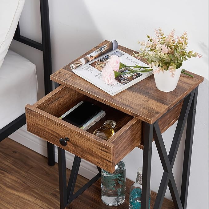 VECELO Tall Nightstand Set of 2,27.6 inch Wooden End Table with Metal X-Frame,Side Table with Drawer and Storage Shelf for Living Room Bedroom Entryway Small Spaces