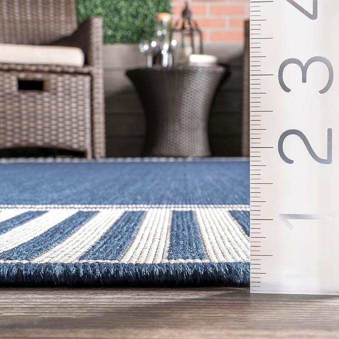 nuLOOM 2' x 3' Outdoor Area Rug, Casual Design With Striped Border, Stain Resistant, Highly Durable, For Patio, Balcony, Bedroom, Living Room, Dining Room, Bathroom, Navy