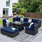 NICESOUL 9 Piece Oversized Outdoor Patio Furniture Set, 29.3'' High Back Comfy Sectional Sofa Set with Firepit Natural Gas & Propane, Deep Seating Conversation Couches, 2 Color Cushion Navy & Gray