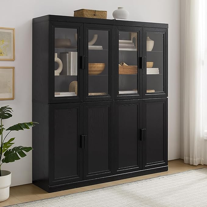 Crosley Furniture Essen 2-Piece Glass Door China Hutch Kitchen Pantry Storage Cabinet Set, Dining Room, Black