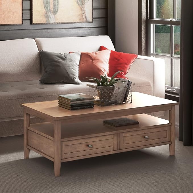 SIMPLIHOME Warm Shaker Coffee Table - 48 inch Wide Solid Wood Cocktail Table in Rustic Natural Aged Brown, Transitional Living Room Table with 2 Storage Drawers and Open Shelf for Sitting Area