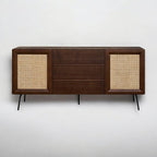 NTC MOSSIC Large Sideboard with 2 Doors and 3 Drawers, Buffet Cabinet with Natural Rattan and Metal Legs, Modern Storage Cabinet for Living Room, and Hallway, Effortless Assembly - Dark Walnut