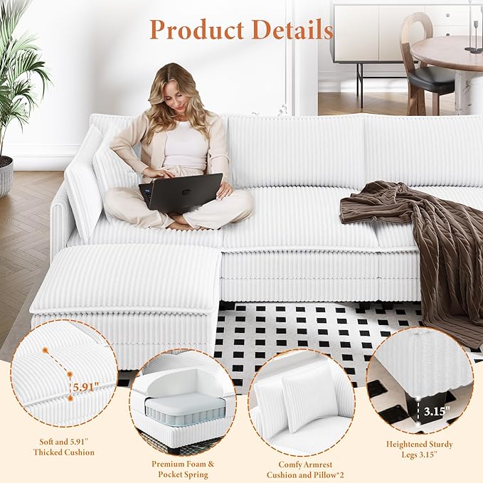 Vesgantti 109" L Shaped Cloud Sectional Couch, Comfy Corduroy Upholstered Modular Couches for Living Room, Modern Modular Sectional Sofa with Ottoman Deep Seat, Warm White