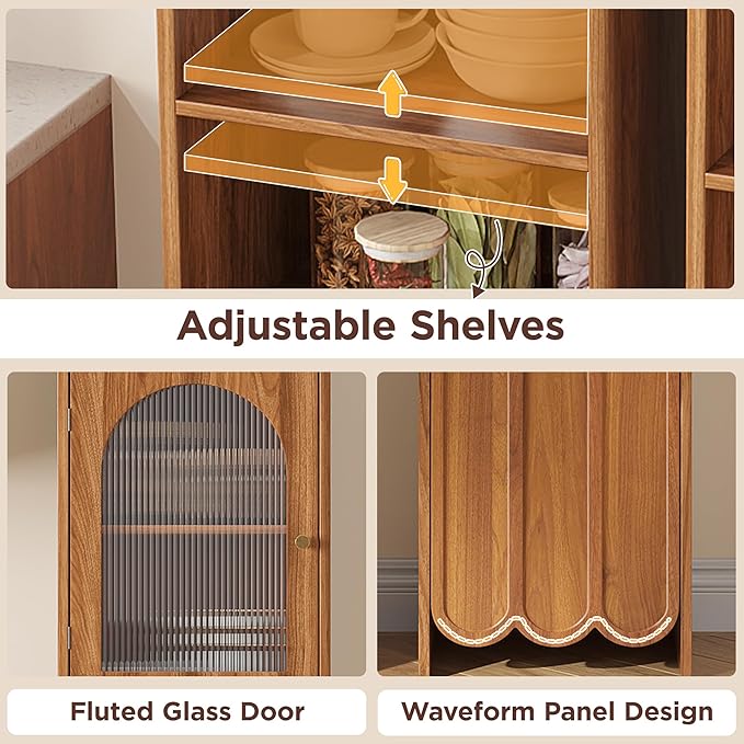 Maupvit 68” Tall Bathroom Storage Cabinet, Narrow Freestanding Cabinet with Fluted Glass Door and Drawer, 3-Tier Adjustable Shelves, Wave-like Panel, 14.9" Wide for Small Space, 8 Compartments, Walnut