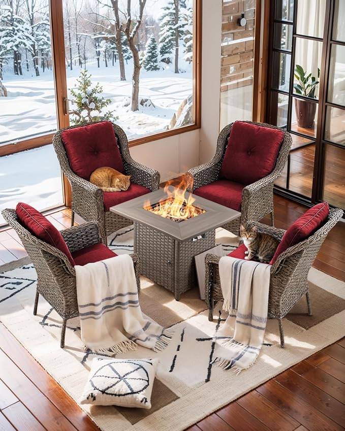 Patio Wicker Chairs Outdoor Furniture Chair - Set of 4 Outside All Weather Lawn Dining Brown Rattan Armchair with High Back&Deep Seating for Deck Porch Balcony Backyard Garden - Red