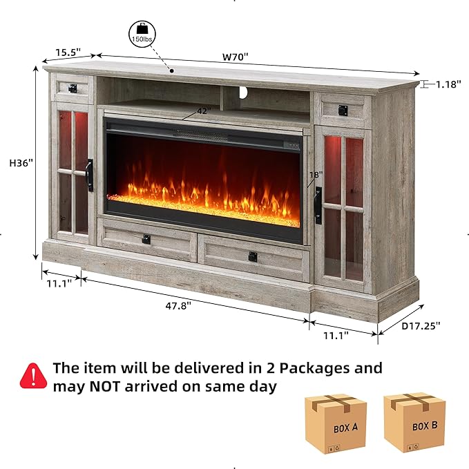 OKD Fireplace TV Stand for 80 Inch TV, Farmhouse Entertainment Center with 42" Fireplace & LED Lights, Modern Media Console Table with Storage Drawers & Cabinets for Living Room, Light Rustic Oak