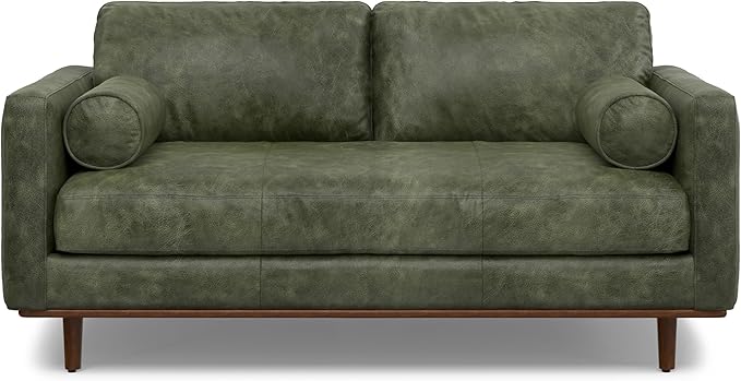 SIMPLIHOME Morrison 72-inch Wide Sofa in Moss Green Genuine Leather, Mid-Century Modern-Style Loveseat for Living Room, Single Bench Cushion, Removable Back Cushions, 2 Bolster Pillows