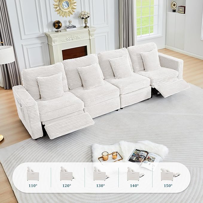 ORRD Power Reclining Sectional Sofa, Electric 3 Seat Recliner with 3 Electric Footrest and Adjustable Headrest, Modern Plush Corduroy Fluffy Reclining Sectional with Deep Seat for Living Room-White