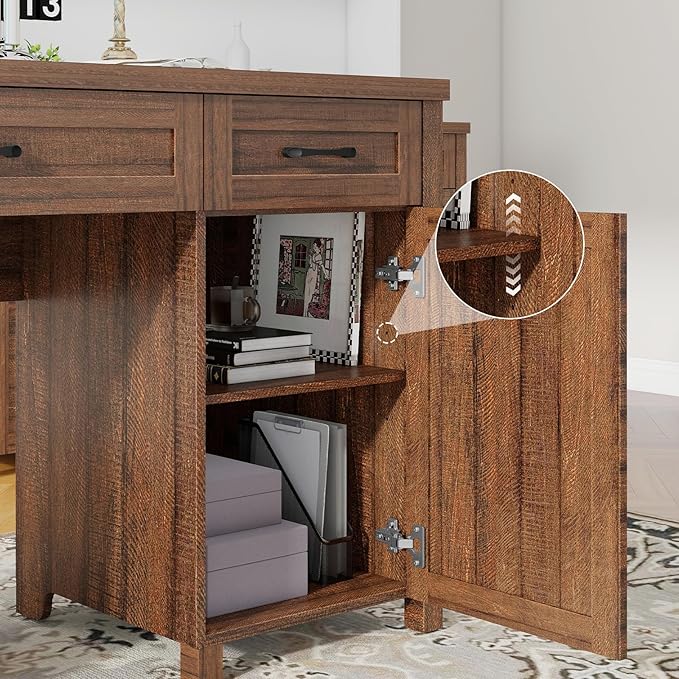 Farmhouse 61'' Executive Desk with 5 Drawers, Rustic Office Desk Computer Desk with Charging Station, File Drawers and Storage Cabinet, Wood Workstation for Study and Home Office. (Red-Brown)