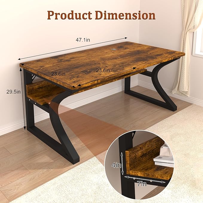 StarGraph Computer Desk 47'' Large Home Office Desk with Sturdy Metal Frame U Shaped Modern Computer Desks with Storage Study Writing Office Work from Home Desks (Rustic Brown, 47 inch)