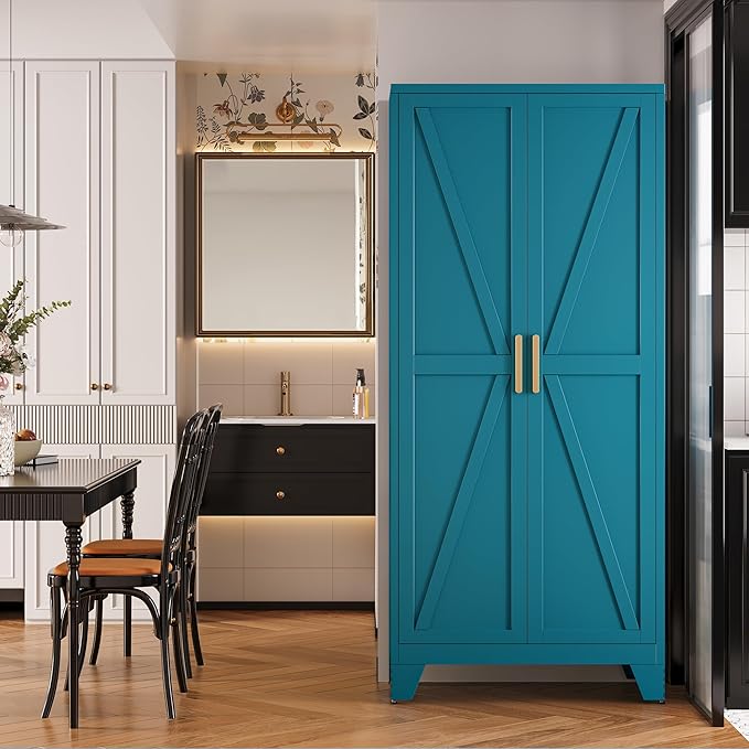 Large Metal Kitchen Pantry Cabinet with Adjustable Shelves - Freestanding Kitchen Storage Cabinet for Dining Room,Livingroom Bathroom, Hallway, Workshop, Office (Blue, 71"- 0 Drawer)