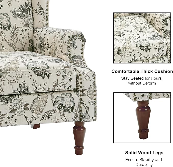 Accent Chair, Upholstered High Back Floral Armchair with Nailhead Trim & Wood Legs, Comfy Wingback Reading Single Sofa Chair for Small Spaces, Living Room, Bedroom ( Plants Beige Floral, Set of 2)