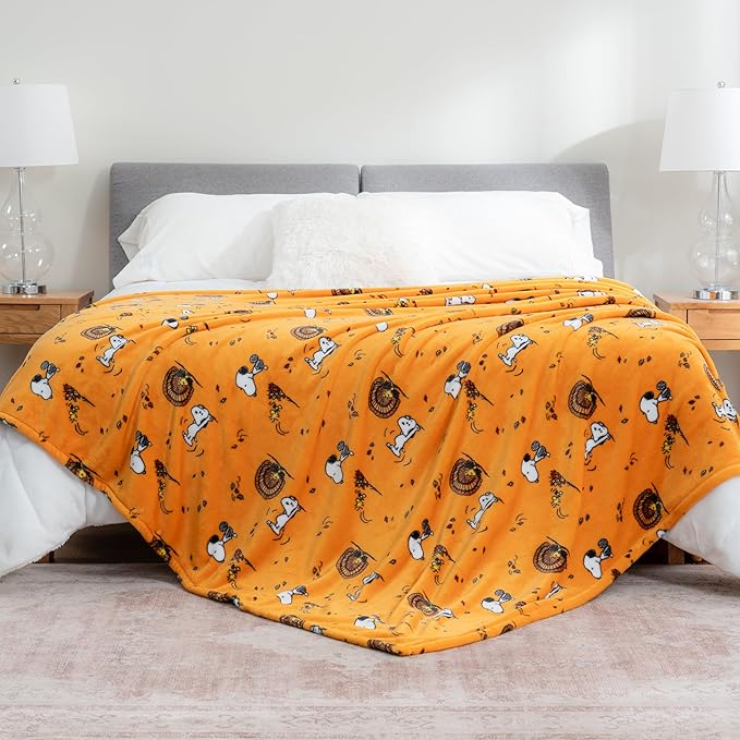 Berkshire Blanket Peanuts® VelvetLoft® Cute Character Snoopy Plush Blanket,Snoopy and Woodstock Fall Birds & Leafs Orange,Full/Queen 90 in x 90 in (Official Peanuts® Product)