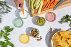Ello Color Lock 3-Pack 4oz Reusable Glass Condiment Containers with Screw-on Leak-Proof Lid, Perfect for Salad Dressing Sauce Dips, Lunchbox Picnic, BPA-Free, Desert Festival
