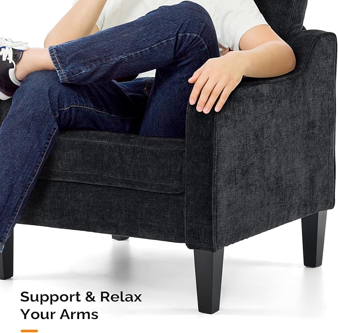 VINGLI Mid Century Modern Accent Chairs, Black Soft Chenille Reading Chair Upholstered Armchair Side Chairs Sofa Couches for Living Room, Bedroom, Apartment