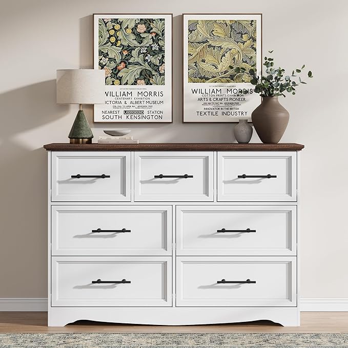 White Farmhouse Dresser for Bedroom, Modern 7 Chest of Drawers, 47" Wide Chest of Drawers w/Brushed Metal Handle, Wood Dresser TV Stand and Storage Cabinet for Bedroom, Living Room, Hallway