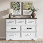 White Farmhouse Dresser for Bedroom, Modern 7 Chest of Drawers, 47" Wide Chest of Drawers w/Brushed Metal Handle, Wood Dresser TV Stand and Storage Cabinet for Bedroom, Living Room, Hallway