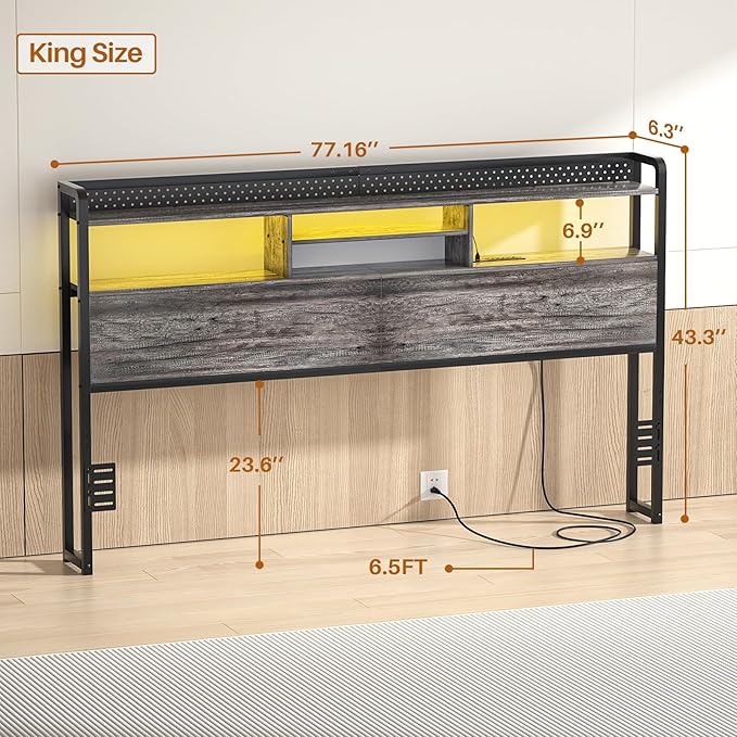 Unikito Headboard for King Size Bed with Storage Shelf, Head Board with 3 Outlets and 2 USB Ports, Headboards with RGB LED Light, Height Adjustable, Sturdy and Stable, Easy Assembly, Black Oak
