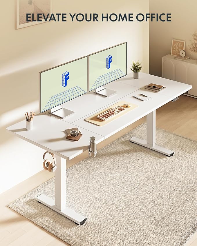 FLEXISPOT 63 x 32 Inch Large Standing Desk, Stand Up Desk with Splice Board, Rising Desks for Home Office, Office Desk with Cup Holder and Headphone Hook (White Frame + White Top, 2 Packages)