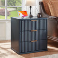 LEYAOYAO 23" Wide Fluted Night Stand with Charging Station, 3 Drawers Large End Table with Storage,Nightstand Wood Bedside Tables, Farmhouse Cabinet Dresser for Bedroom,Closet, Navy Blue