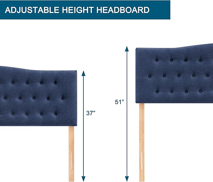 Tufted Upholstered Headboard Twin Size, Sturdy and Durable Solid Wood Twin XL headboard, Fabric Headboard Adjustable Height from 37” to 51”, Modern Button Diamond Design Head Board, Blue