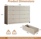 3-Piece Dresser Bedroom Set, 8 Drawer Dresser & 3 Drawer Nightstands with Gold Handles, Fluted Wood Chest of Drawers for Bedroom, Living Room, Entryway, Beige