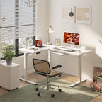 L-Shaped Standing Desk, 63 x 47 Inches Height Adjustable Desk with Storage, Sit and Stand up for Work Office Home, Ergonomic Rising Computer Table for Home Office with Splice Board, White