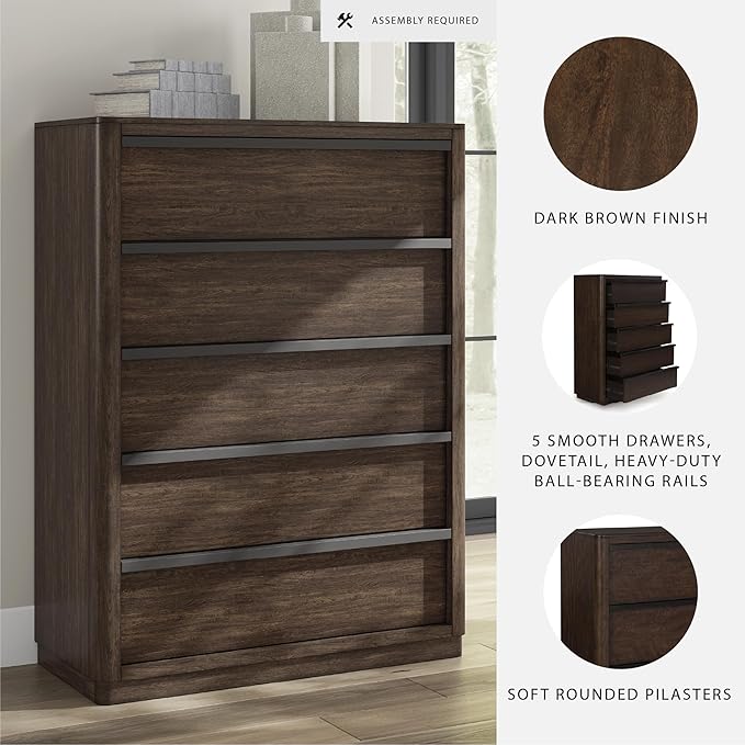 Signature Design by Ashley Kendamor Contemporary 5-Drawer Chest with Felt-Lined Top Drawer and Easy Glide for Bedroom, Dark Brown