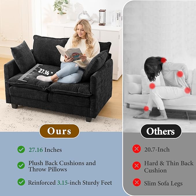 50" Loveseat Sofa Cloud Couch Small | Mini Chenille Love Seat Couches with 2 Pillows | 27.16" Deep Seat for Small Spaces Bedroom Dorm Apartment | Black