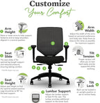 HON Solve Task Chair, Ergonomic Office Chair Mesh Back Support, Adjustable Lumbar Support, with Wheels, Height-Adjustable Arms, for Computers, Desks, Home Office, Blue