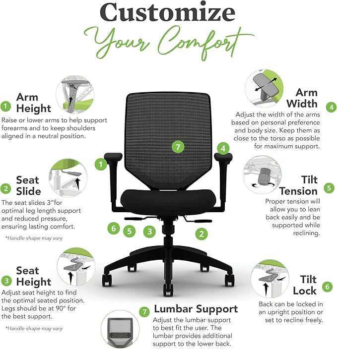 HON Solve Task Chair, Ergonomic Office Chair Mesh Back Support, Adjustable Lumbar Support, with Wheels, Height-Adjustable Arms, for Computers, Desks, Home Office, Black