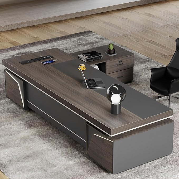 Modern Large Desk, Modern L-shaped Desk With Side Cabinets, Executive Desk With Combination Lock Drawer, Business Furniture Desk With Simple Cable Management (chair Not Included)(63x29.5x110inch)