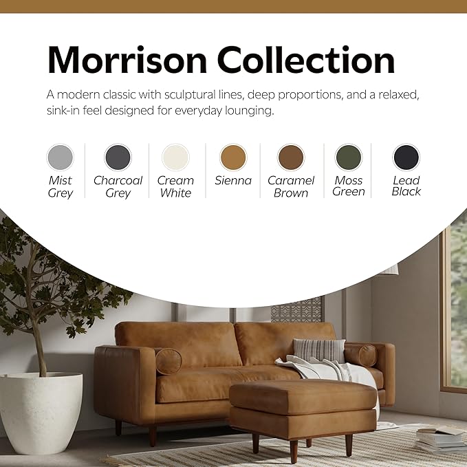 SIMPLIHOME Morrison 89-inch Wide Sofa in Sienna Top Grain Genuine Leather, Mid-Century Modern Design Couch for Living Room, Single Bench Cushion, 2 Back Cushions, 2 Bolster Pillows