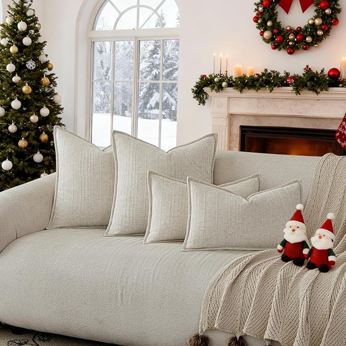 a moment Linen Pillow Covers Set of 2,Boho Farmhouse Throw Pillowcases Neutral Textured Decorative Covers for Couch Sofa Bed,Soft Linen Blend Accent Case Cushion Christmas Home Decor 20"x12"Ivory
