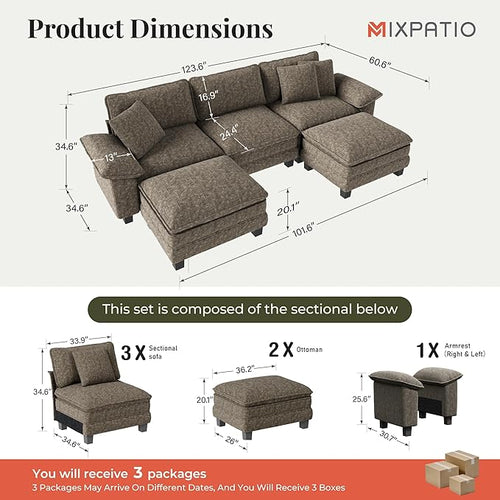 123-Inch U Shaped Sectional Sofa with Cloud Cushions, Deep Seat Modular Couch Set w/ 5 Seats & 2 Ottomans, Removable Arms, Plush Chenille Upholstery for Living Room, Apartment - Smoky Gray