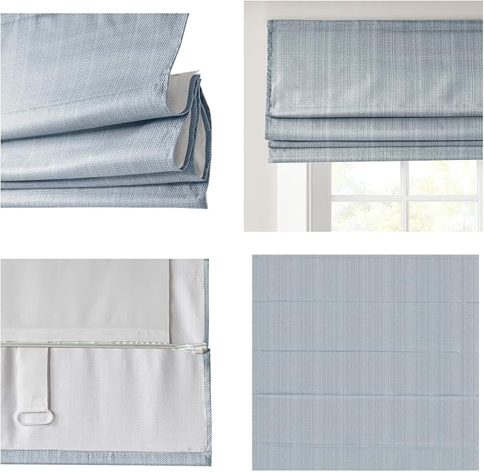 Madison Park Galen Cordless Roman Shade, 34"W x 64"H, Sheen Blue – Room Darkening, Thermal Insulated, Energy Efficient Window Blind with Subtle Sheen Basketweave Fabric for Privacy