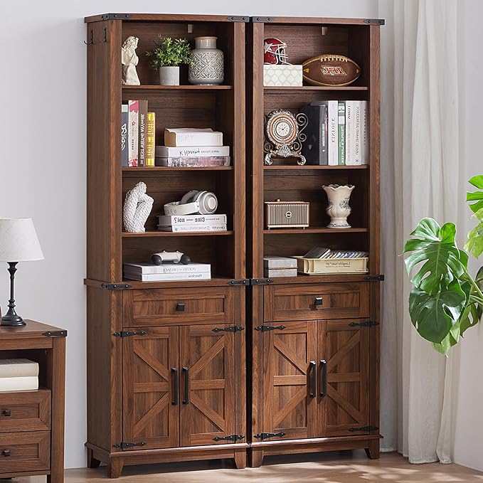 72in Tall Bookshelf 7 Tier Bookcase with Drawer and Barn Doors and Adjustable Shelves, Brown Farmhouse Book Shelf with Storage Cabinet, Wood Freestanding Display Bookshelves for Kitchen (2PCS)