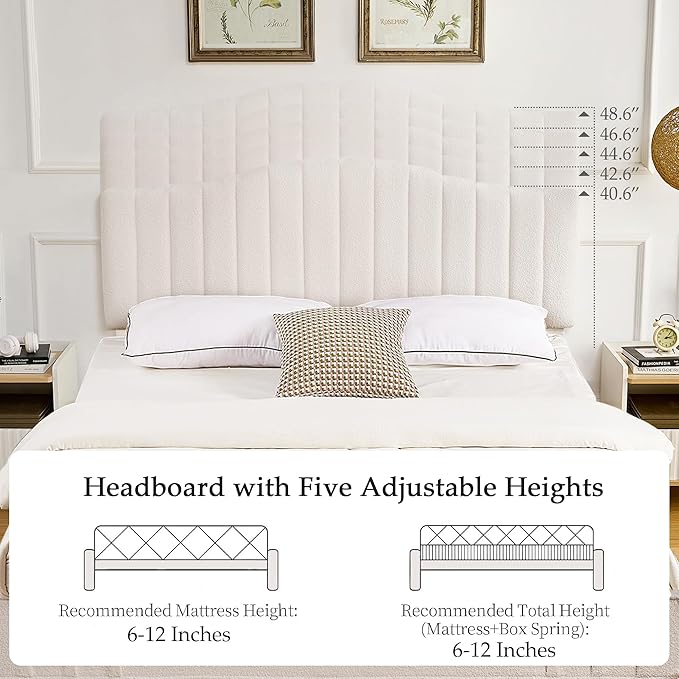 VECELO Full Size Beds Upholstered Platform Bed Frame with Height-Adjustable Teddy Fabric Headboard/Strong Wood Slats Supports / 7.9'' Under Bed Storage Space/Noise Free/No Box Spring Needed, Cream