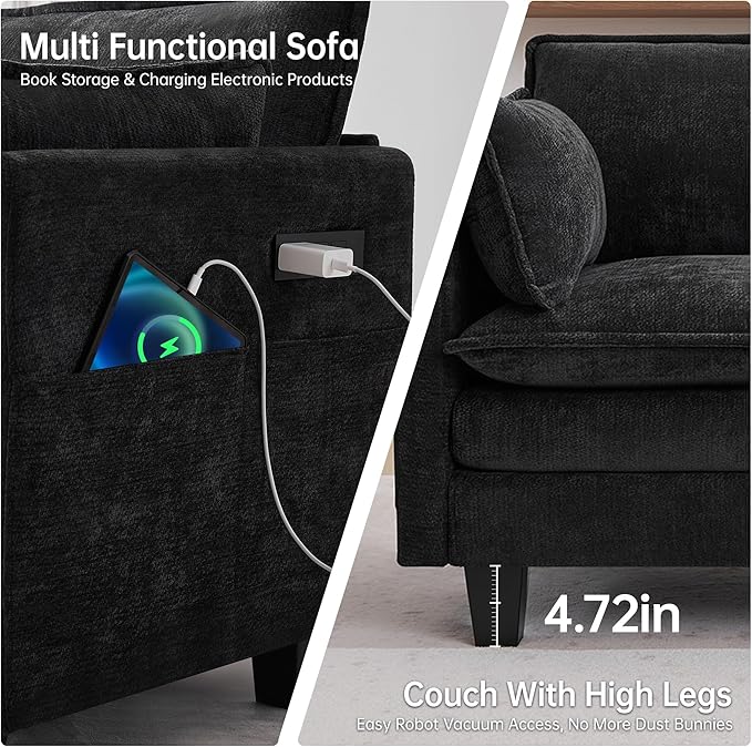 108" Modern L-Shaped Sectional Sofa with USB & Type-c Port Charger, Modular Cloud Couch, Deep Seating Chenille Fabric 4-Seater with Ottoman and Pillows for Living Room (Black)